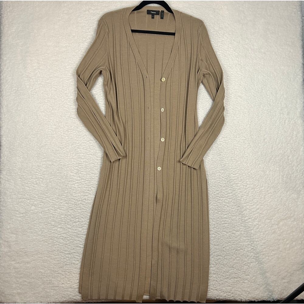 Theory Size P/XS Merino Empire Wool Wide Ribbed Long Cardigan Duster Sweater Tan